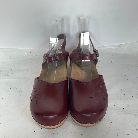 Vollsjo Wine Burgundy Leather Wood Swedish Clogs Mary Jane Ankle Strap - Size 38 - Picture 6 of 13